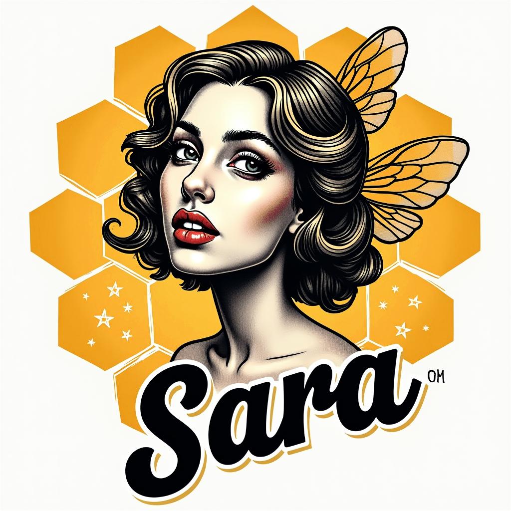 Name SARA with honeybee backgroundin pop art style tattoo, featuring bold and vibrant colors, exaggerated outlines, iconic imagery, inspired by comic books and speech bubbles, comic book characters, retro pop culture
