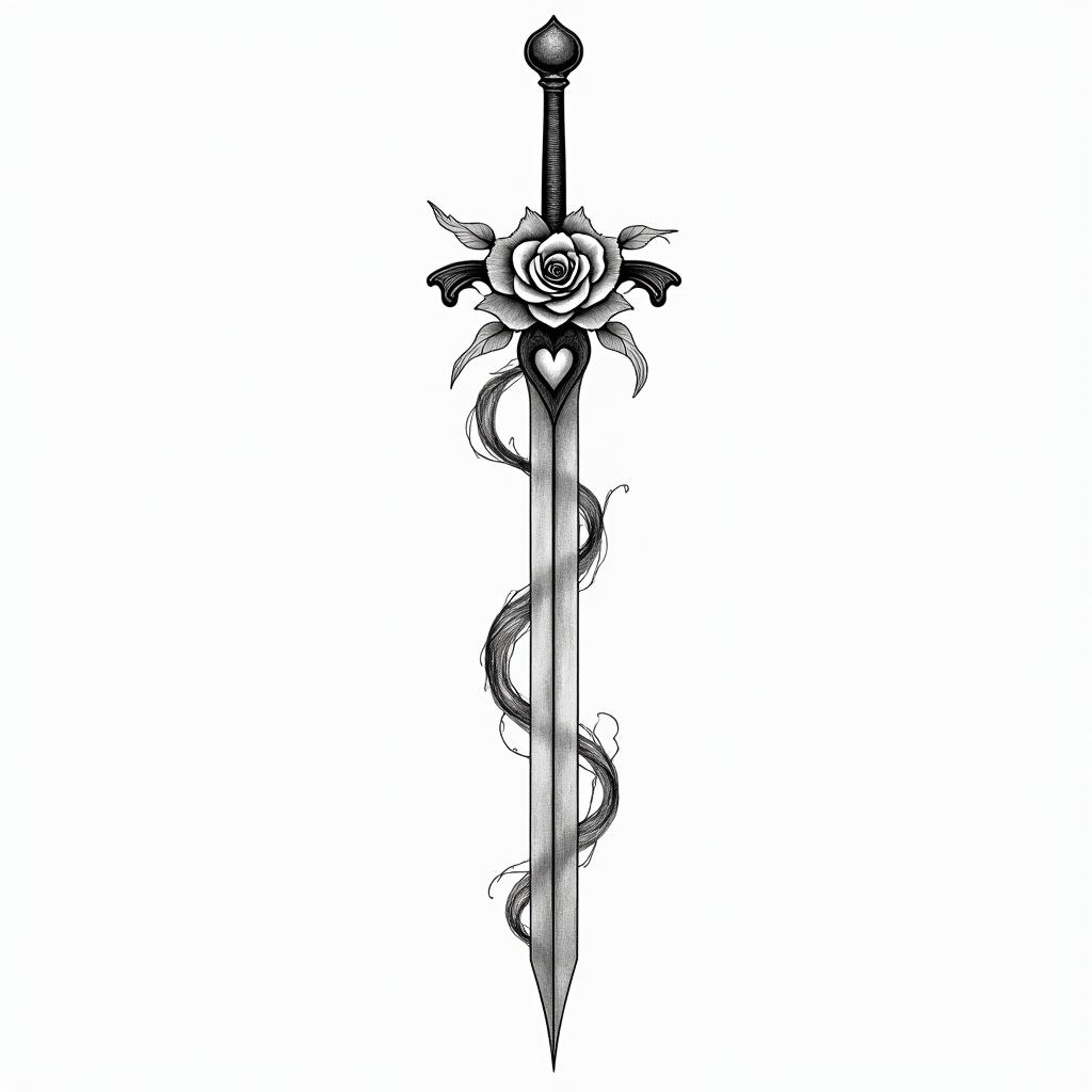 Sword with rosein Modest style tattoo, featuring soft, delicate line work with simple and meaningful symbols, gentle waves, a heart, evoking a sense of serenity and grace,