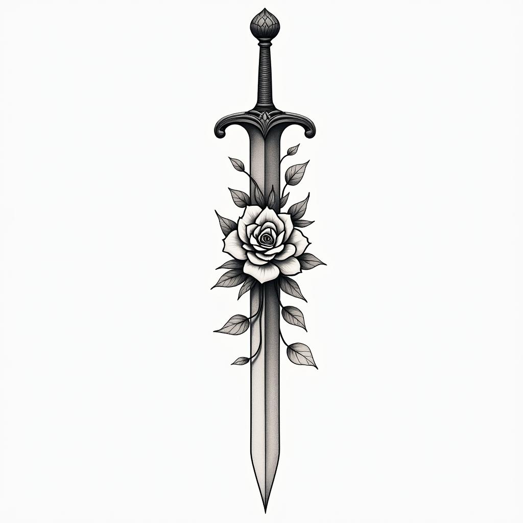 Sword with rosein Modest style tattoo, featuring soft, delicate line work with simple and meaningful symbols, gentle waves, a heart, evoking a sense of serenity and grace, - Variation 2