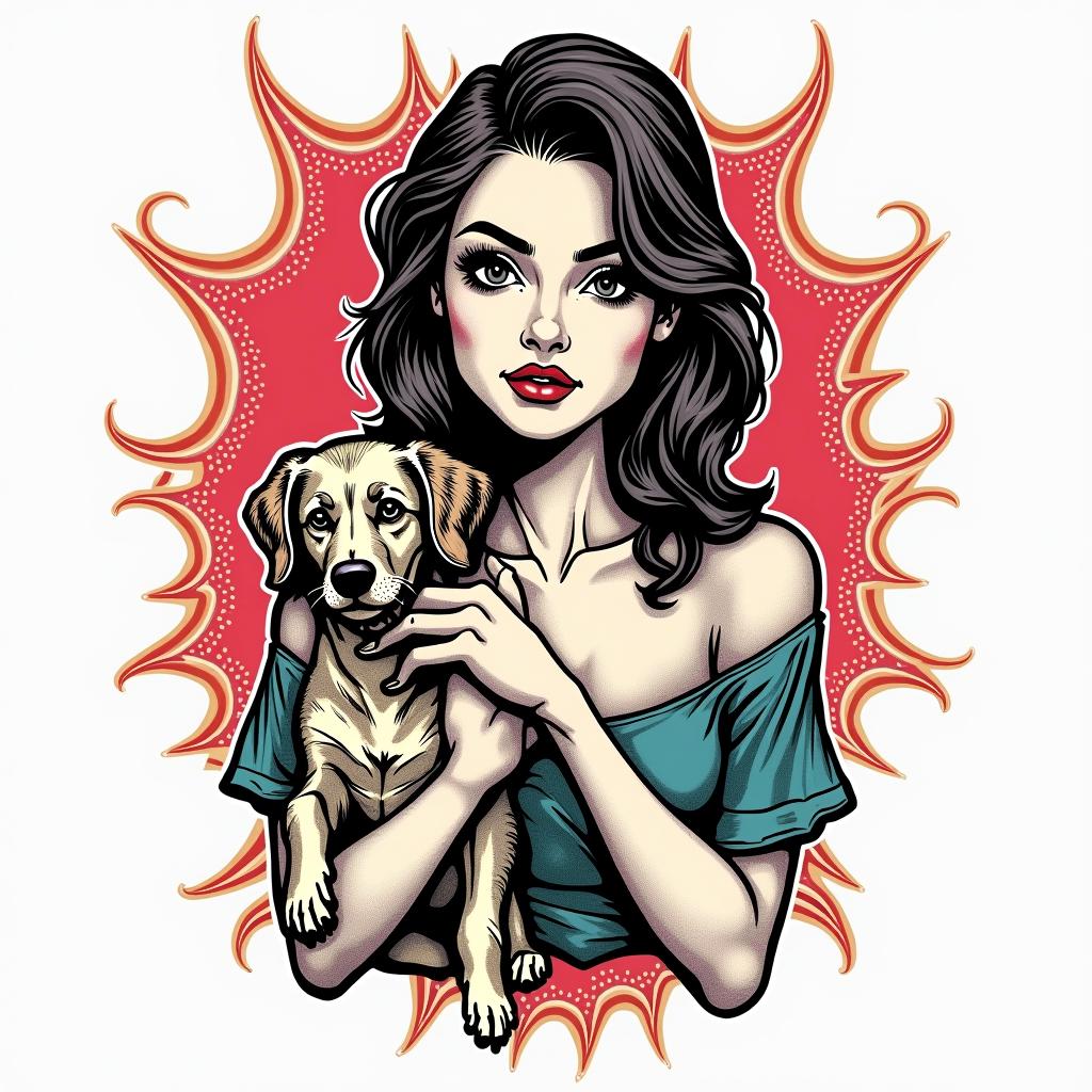 Ana Elizabeth, I am a Sagittarius, I love my parents, and I adore my dogs.in pop art style tattoo, featuring bold and vibrant colors, exaggerated outlines, iconic imagery, inspired by comic books and speech bubbles, comic book characters, retro pop culture - Variation 3