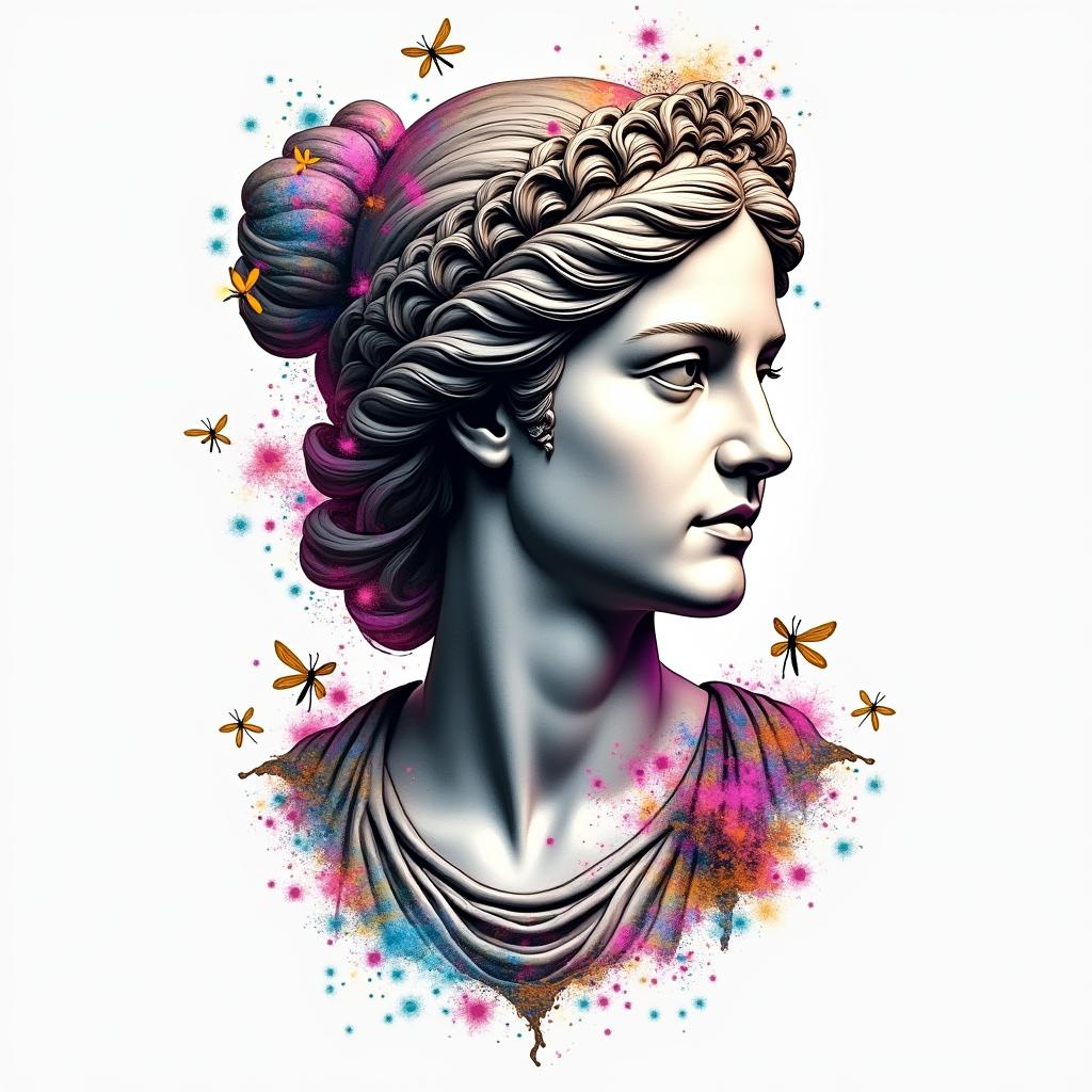 Name SARA with honeybee backgroundin distorted and fragmented tattoo design, featuring a classical statue bust, in a glitch art style with vibrant, overlapping colors of cyan, magenta, and yellow, creating a digital distortion effect