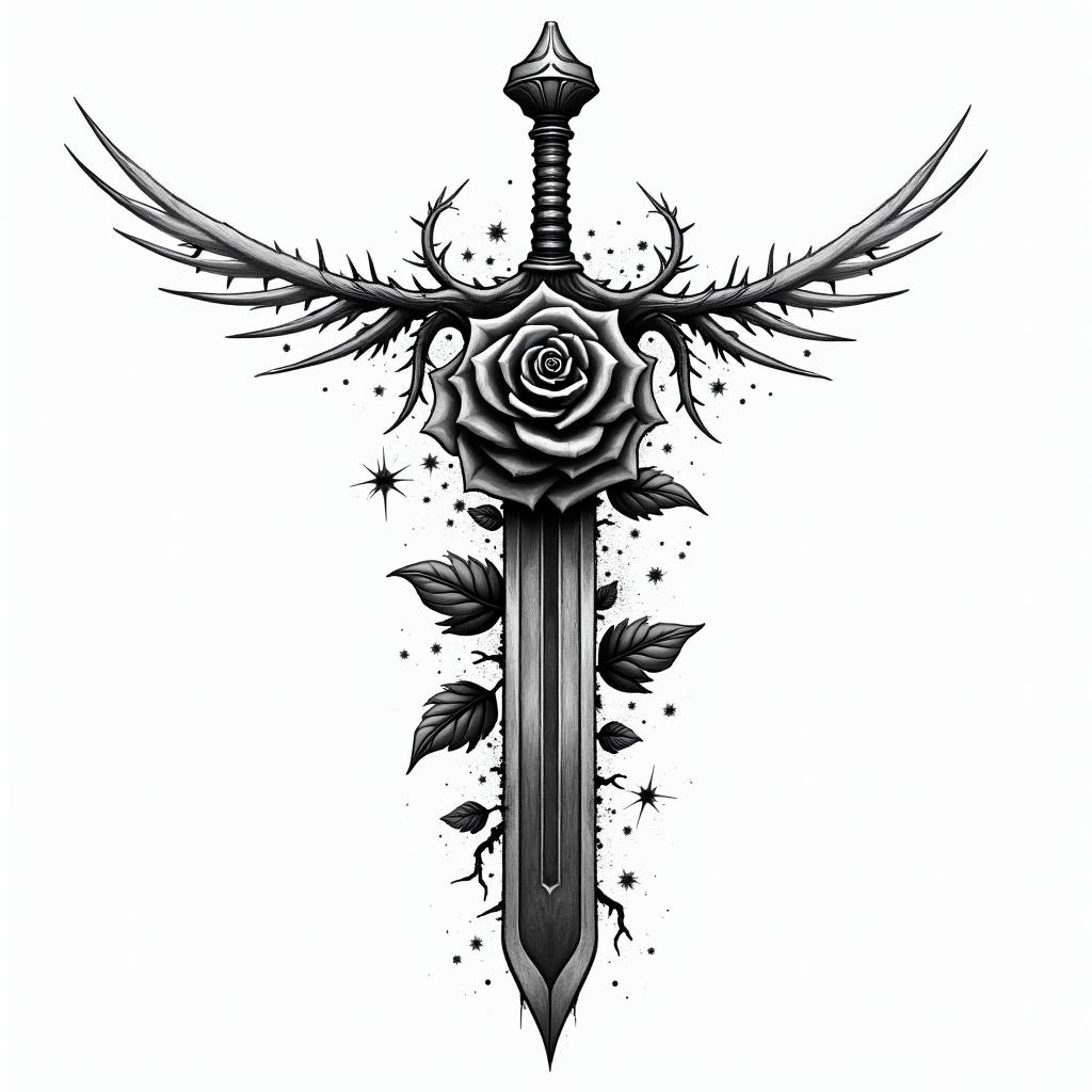 Sword with a rose full of thornsin graffiti style tattoo, featuring bold and dynamic street art elements, spray-paint texture with exaggerated lines and expressive, chaotic brushstrokes, intricate lettering incorporated with graffiti tags, symbols like hearts, stars, and wings - Variation 4