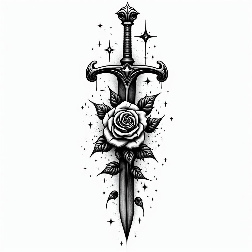 Sword with a rose full of thornsin graffiti style tattoo, featuring bold and dynamic street art elements, spray-paint texture with exaggerated lines and expressive, chaotic brushstrokes, intricate lettering incorporated with graffiti tags, symbols like hearts, stars, and wings - Variation 3