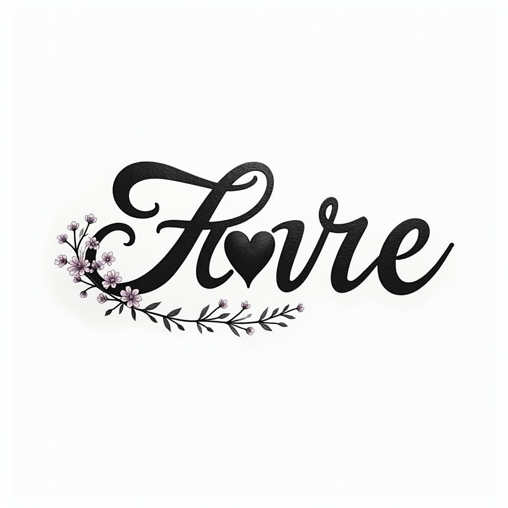 Small spider on web with flowers with stemin elegant cursive calligraphy style 2d tattoo, decorate with roses, featuring a smooth and flowing handwritten script with slightly thickened strokes for a luxurious and bold appearance,  heart symbol between names,  sleek and glossy black text with shadowing, minimalist matte white background, clean and sharp edges, illuminated with soft lighting, romantic, 8k, high-quality textures with refined typography - Variation 7