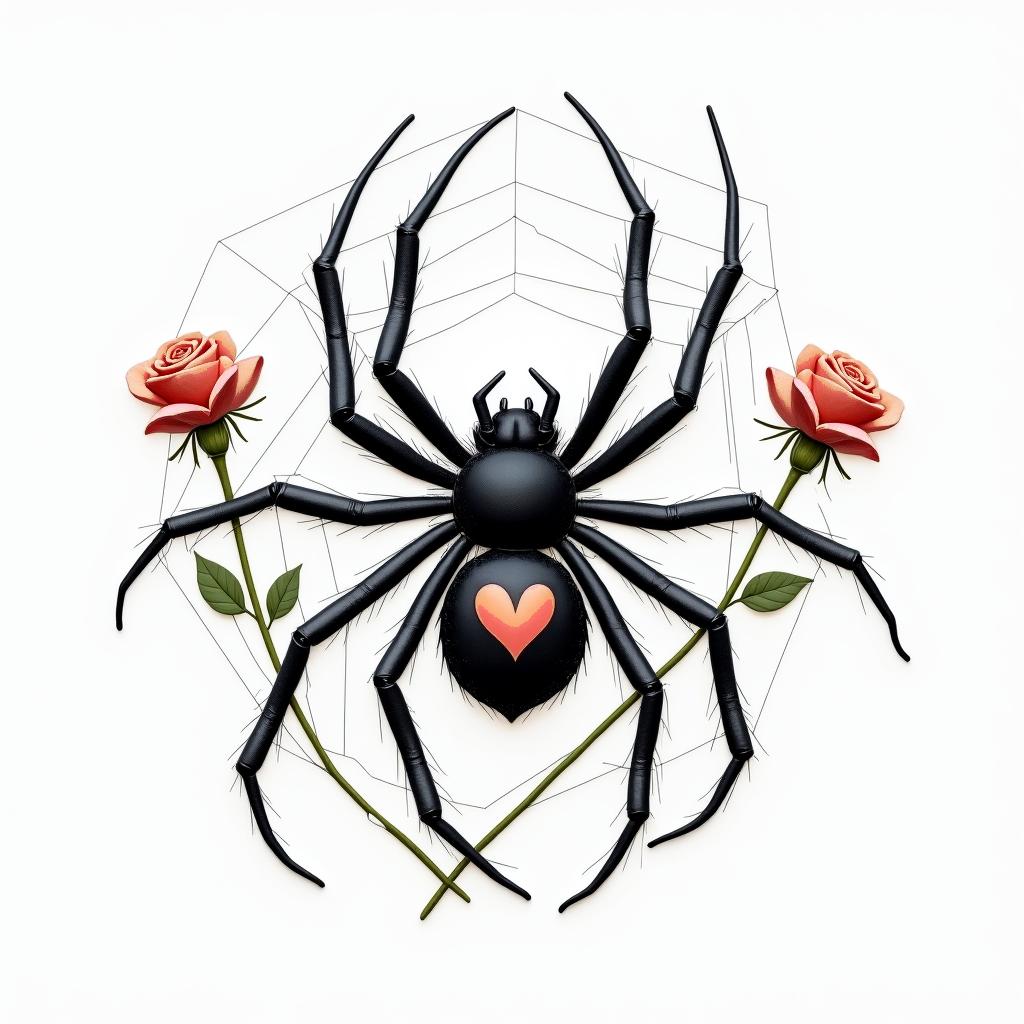 Small spider on web with flowers with stemin elegant cursive calligraphy style 2d tattoo, decorate with roses, featuring a smooth and flowing handwritten script with slightly thickened strokes for a luxurious and bold appearance,  heart symbol between names,  sleek and glossy black text with shadowing, minimalist matte white background, clean and sharp edges, illuminated with soft lighting, romantic, 8k, high-quality textures with refined typography - Variation 5