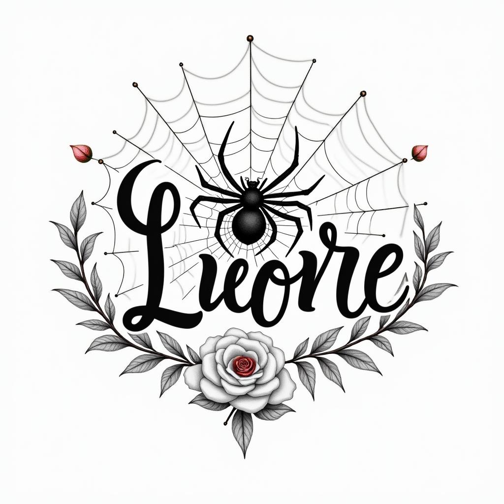 Small spider on web with flowers with stemin elegant cursive calligraphy style 2d tattoo, decorate with roses, featuring a smooth and flowing handwritten script with slightly thickened strokes for a luxurious and bold appearance,  heart symbol between names,  sleek and glossy black text with shadowing, minimalist matte white background, clean and sharp edges, illuminated with soft lighting, romantic, 8k, high-quality textures with refined typography - Variation 6