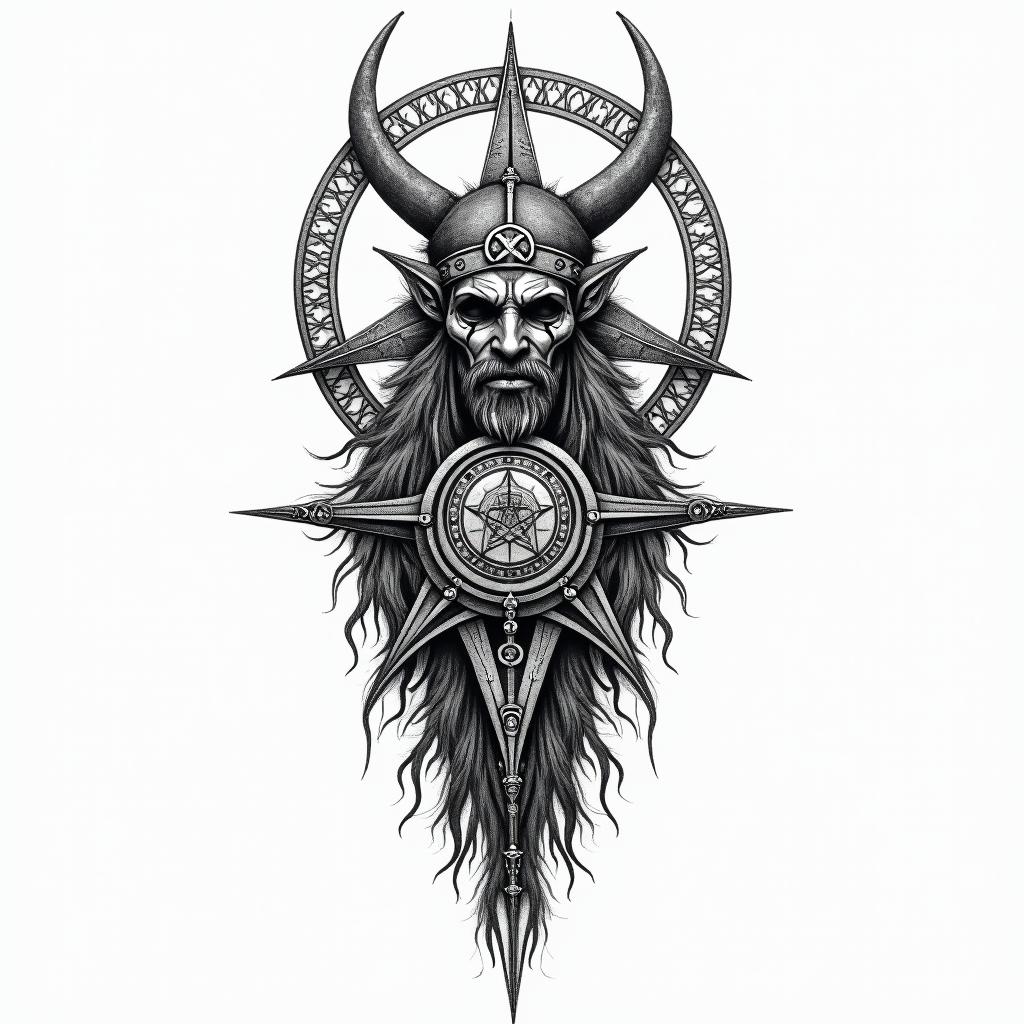 Vikingin paganic style tattoo, featuring ancient symbols, add vegvisir symbol, mystical figures, incorporating designs, pentagrams, runes, crescent moons, - Variation 3