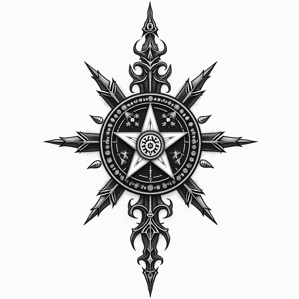 Vikingin paganic style tattoo, featuring ancient symbols, add vegvisir symbol, mystical figures, incorporating designs, pentagrams, runes, crescent moons, - Variation 2