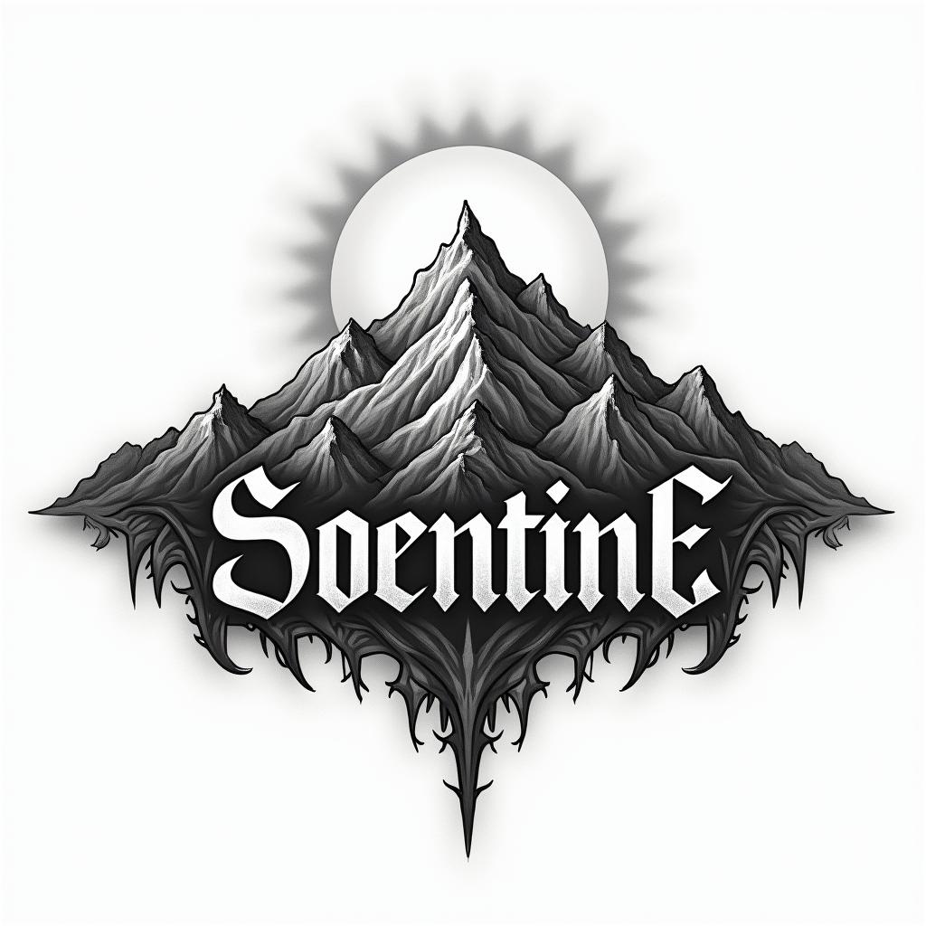 Mountain range with a rising suntext-based tattoo, gothic font ultra-realistic, perfectly placed, high-quality font design, photo-realistic shading, 8k, high quality, finely detailed typography - Variation 2