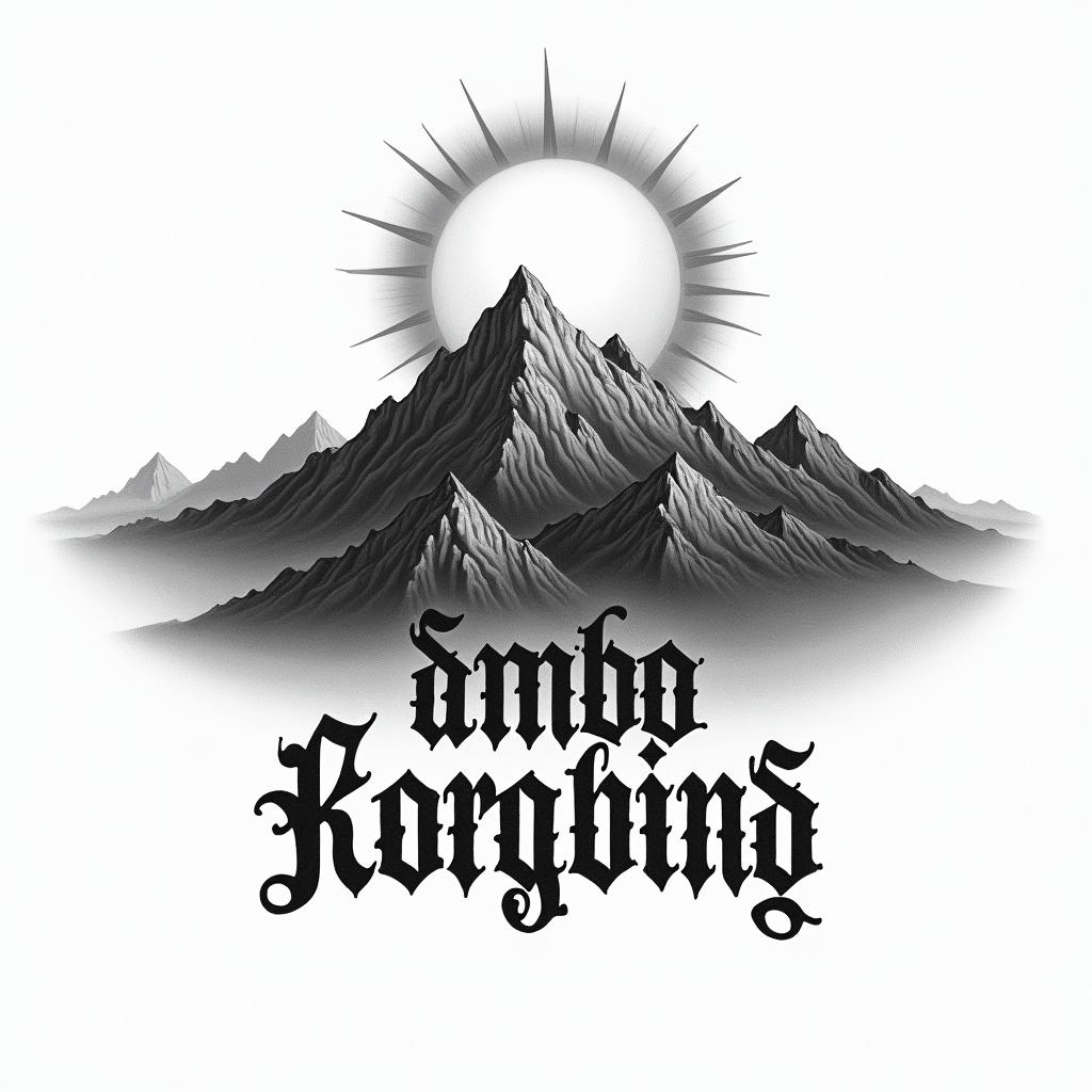 Mountain range with a rising suntext-based tattoo, gothic font ultra-realistic, perfectly placed, high-quality font design, photo-realistic shading, 8k, high quality, finely detailed typography - Variation 5