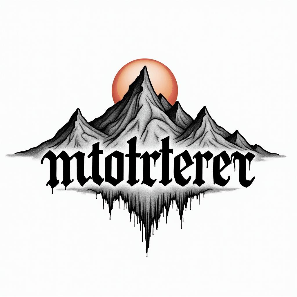 Mountain range with a rising suntext-based tattoo, gothic font ultra-realistic, perfectly placed, high-quality font design, photo-realistic shading, 8k, high quality, finely detailed typography - Variation 3