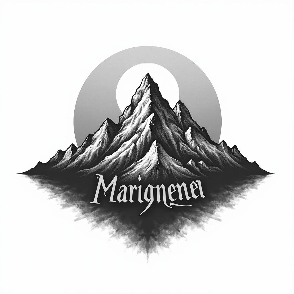 Mountain range with a rising suntext-based tattoo, gothic font ultra-realistic, perfectly placed, high-quality font design, photo-realistic shading, 8k, high quality, finely detailed typography - Variation 4