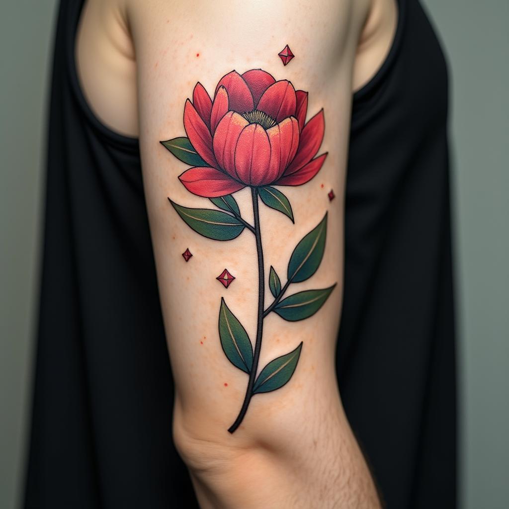 geo peonyin minimalist style tattoo, featuring simple shapes and fine lines, with minimal shading and details, tiny triangles, creating a sense of balance and harmony - Variation 2