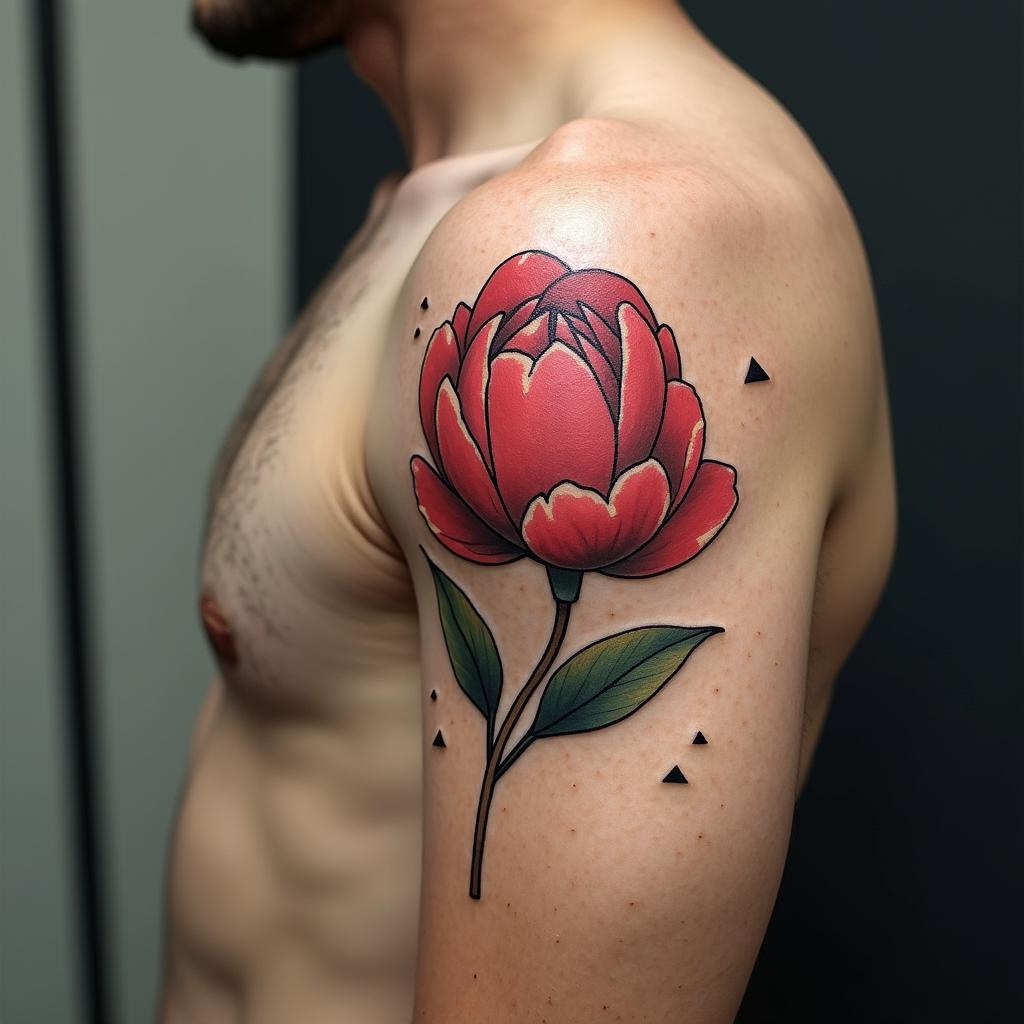 geo peonyin minimalist style tattoo, featuring simple shapes and fine lines, with minimal shading and details, tiny triangles, creating a sense of balance and harmony