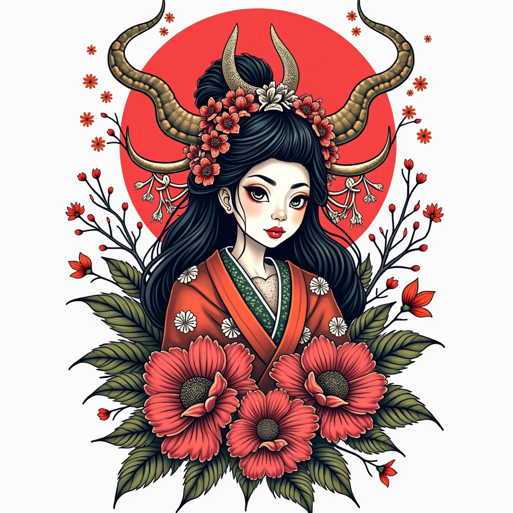 Japan flower demigodin pop art style tattoo, featuring bold and vibrant colors, exaggerated outlines, iconic imagery, inspired by comic books and speech bubbles, comic book characters, retro pop culture - Variation 2