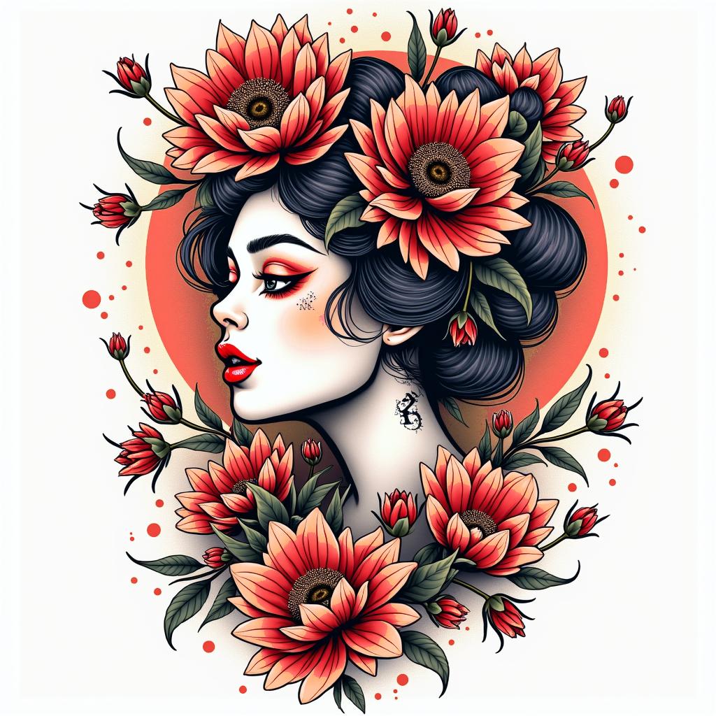 Japan flower demigodin pop art style tattoo, featuring bold and vibrant colors, exaggerated outlines, iconic imagery, inspired by comic books and speech bubbles, comic book characters, retro pop culture - Variation 3