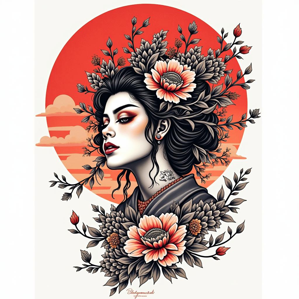 Japan flower demigodin pop art style tattoo, featuring bold and vibrant colors, exaggerated outlines, iconic imagery, inspired by comic books and speech bubbles, comic book characters, retro pop culture - Variation 4