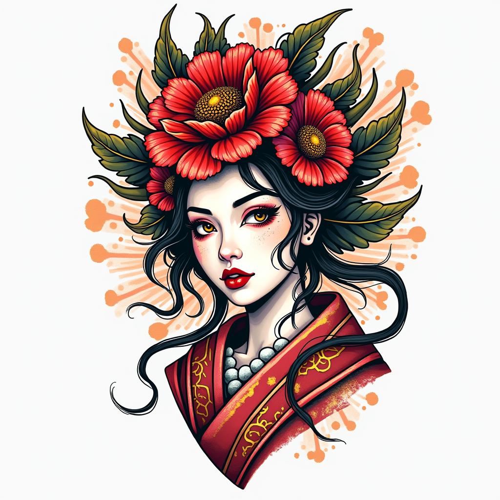 Japan flower demigodin pop art style tattoo, featuring bold and vibrant colors, exaggerated outlines, iconic imagery, inspired by comic books and speech bubbles, comic book characters, retro pop culture