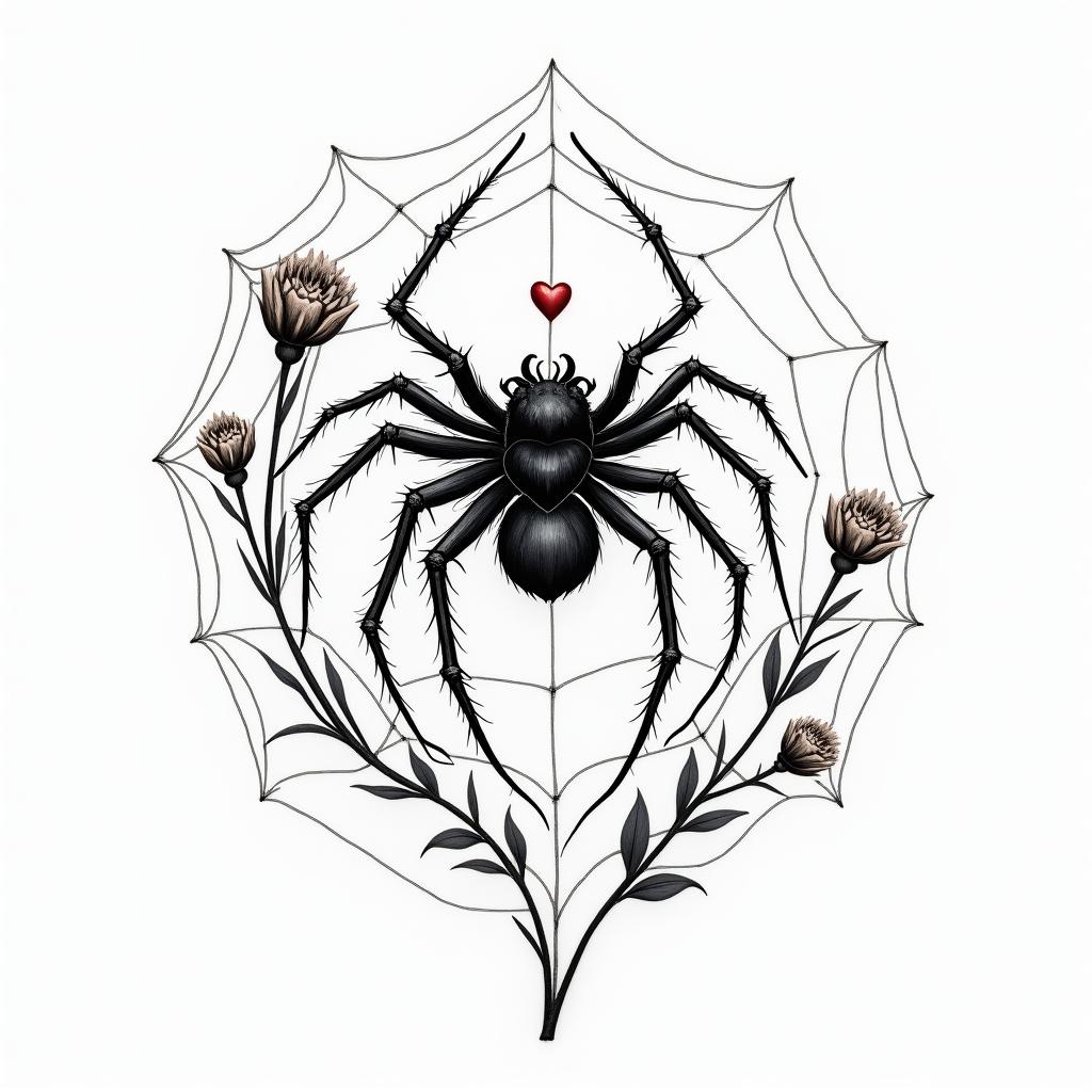 Small spider on web with flowers with stemin elegant cursive calligraphy style 2d tattoo, decorate with roses, featuring a smooth and flowing handwritten script with slightly thickened strokes for a luxurious and bold appearance,  heart symbol between names,  sleek and glossy black text with shadowing, minimalist matte white background, clean and sharp edges, illuminated with soft lighting, romantic, 8k, high-quality textures with refined typography - Variation 4