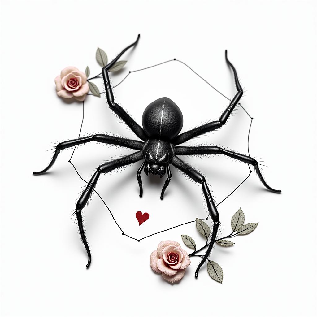Small spider on web with flowers with stemin elegant cursive calligraphy style 2d tattoo, decorate with roses, featuring a smooth and flowing handwritten script with slightly thickened strokes for a luxurious and bold appearance,  heart symbol between names,  sleek and glossy black text with shadowing, minimalist matte white background, clean and sharp edges, illuminated with soft lighting, romantic, 8k, high-quality textures with refined typography - Variation 3