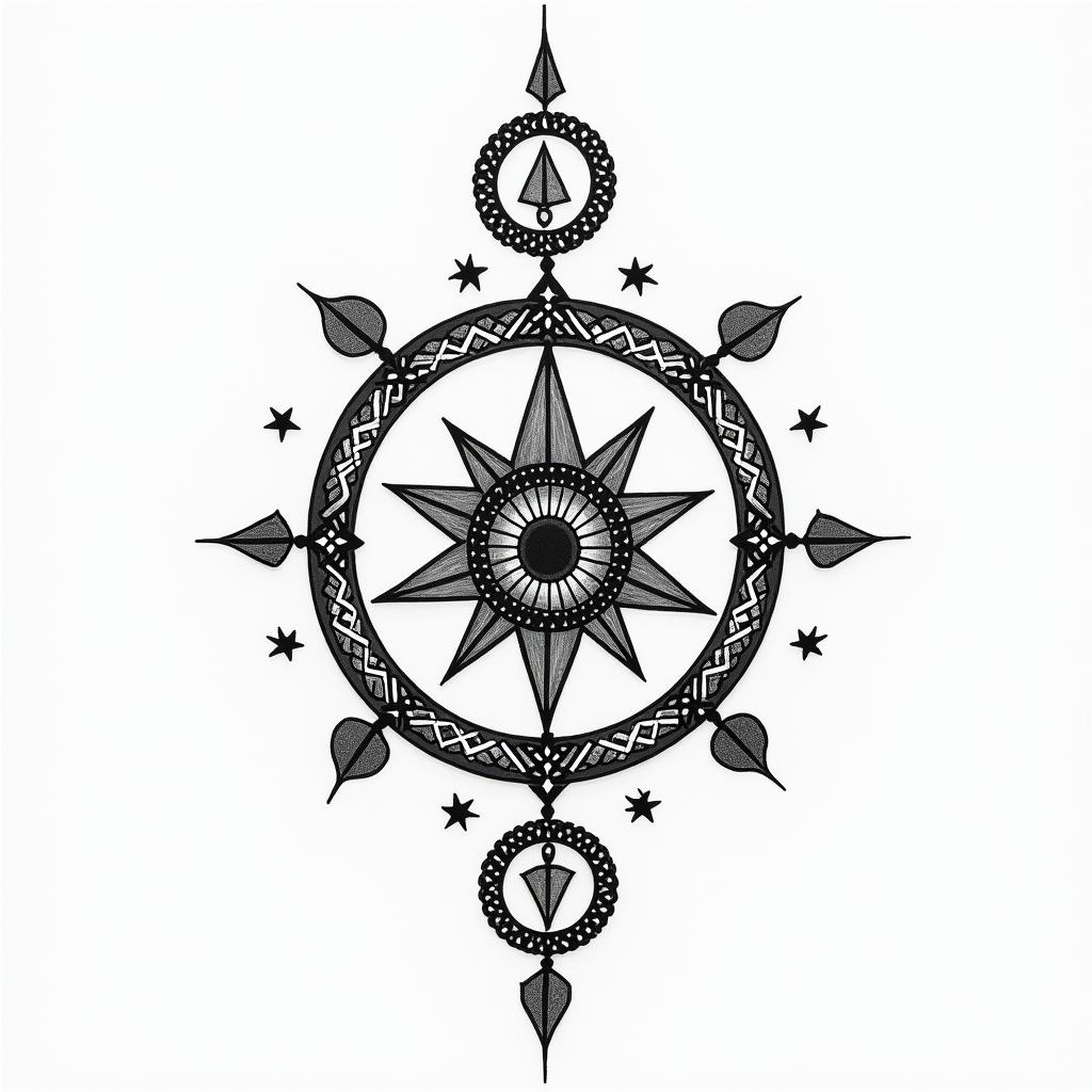 In memory of Sister and Mumin spiritual symbols tattoo style, featuring an intricate design incorporating elements, Hamsa hand, third eye, minimalist composition