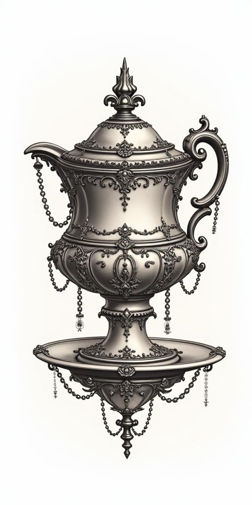 Teacup from the Victorian Renaissance era, heavily draped and adorned in pearls and chains with inlays of jewels and precious gemstones.in victorian style tattoo, featuring vintage and elegant elements, ornate frames, roses, antique, sepia-toned color scheme - Variation 3