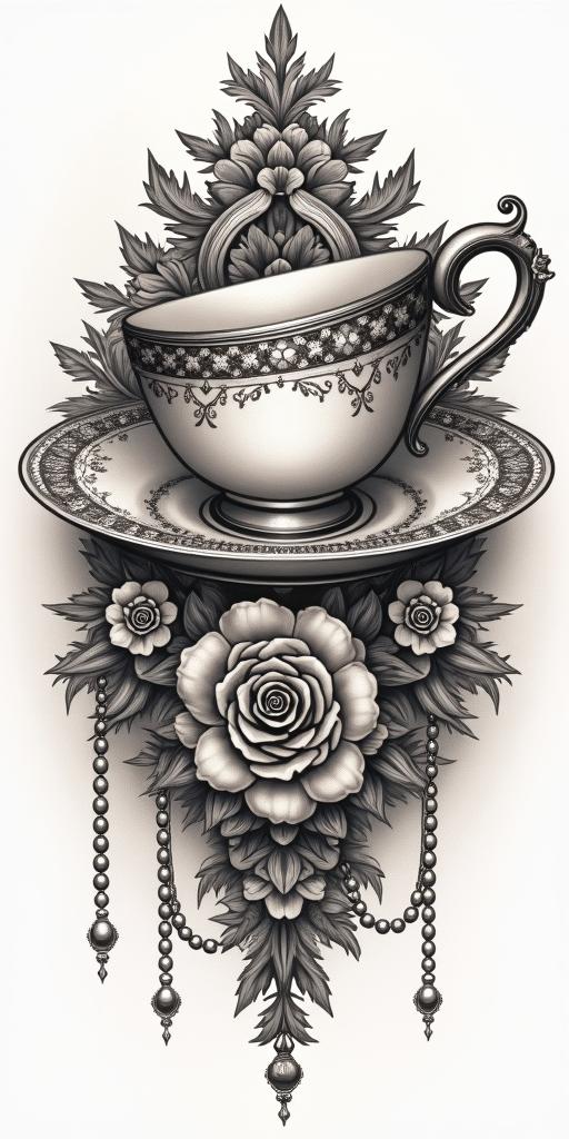 Teacup from the Victorian Renaissance era, heavily draped and adorned in pearls and chains with inlays of jewels and precious gemstones.in victorian style tattoo, featuring vintage and elegant elements, ornate frames, roses, antique, sepia-toned color scheme - Variation 4