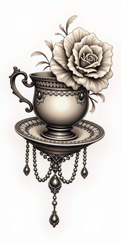 Teacup from the Victorian Renaissance era, heavily draped and adorned in pearls and chains with inlays of jewels and precious gemstones.in victorian style tattoo, featuring vintage and elegant elements, ornate frames, roses, antique, sepia-toned color scheme - Variation 2