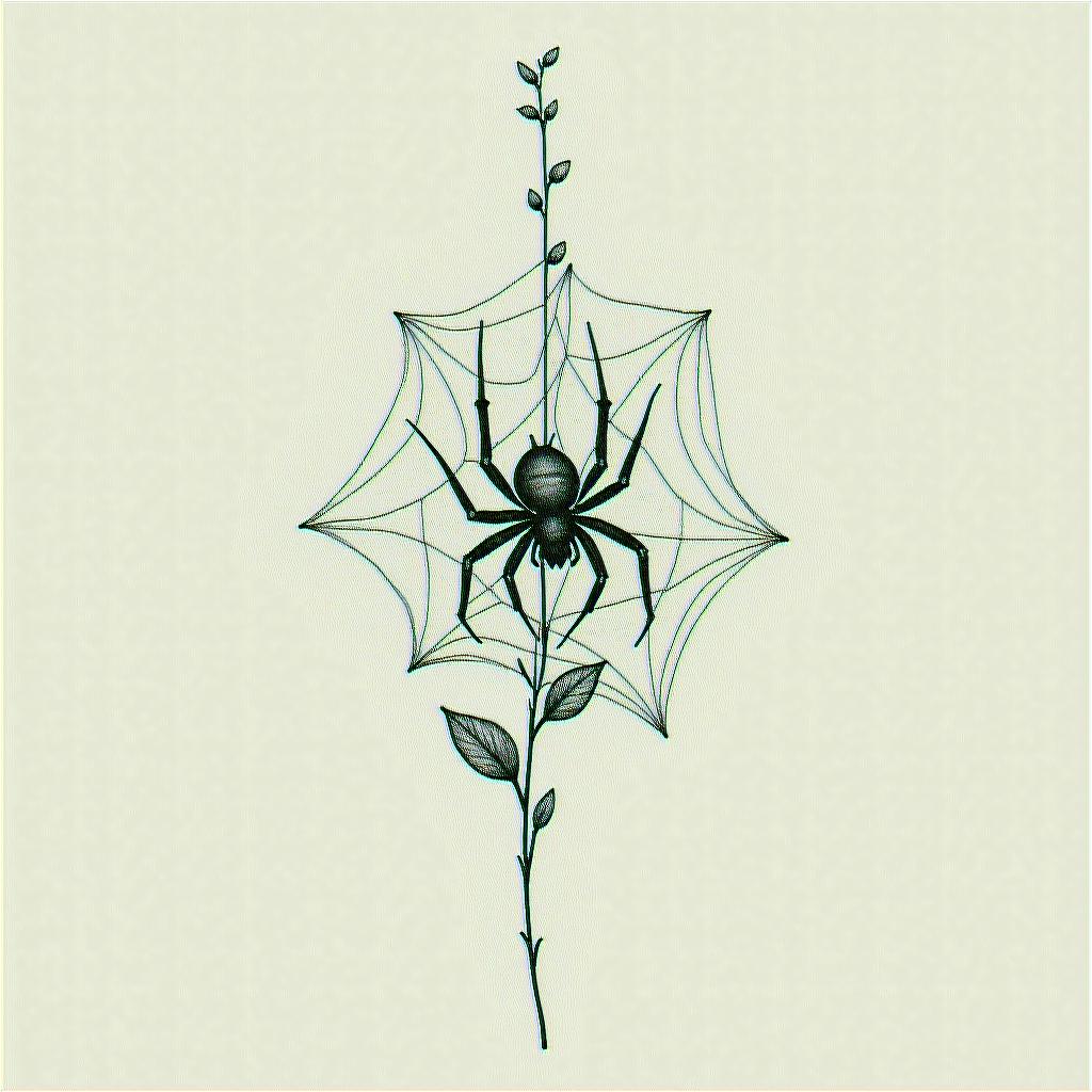 Small spider on web with flowers with stemin minimalist style tattoo, featuring simple shapes and fine lines, with minimal shading and details, tiny triangles, creating a sense of balance and harmony - Variation 16