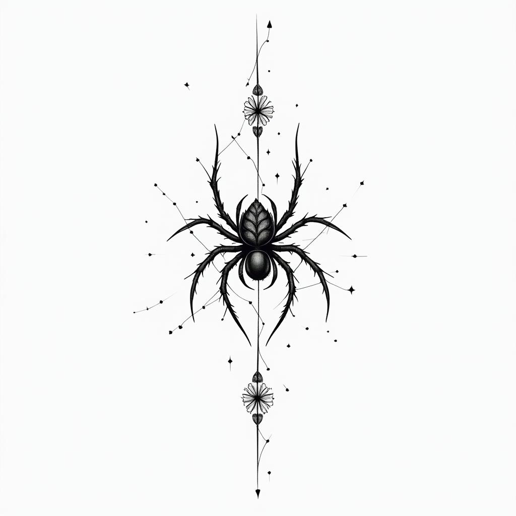 Small spider on web with flowers with stemin minimalist style tattoo, featuring simple shapes and fine lines, with minimal shading and details, tiny triangles, creating a sense of balance and harmony - Variation 14