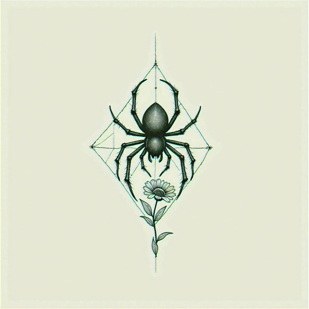 Small spider on web with flowers with stemin minimalist style tattoo, featuring simple shapes and fine lines, with minimal shading and details, tiny triangles, creating a sense of balance and harmony - Variation 15
