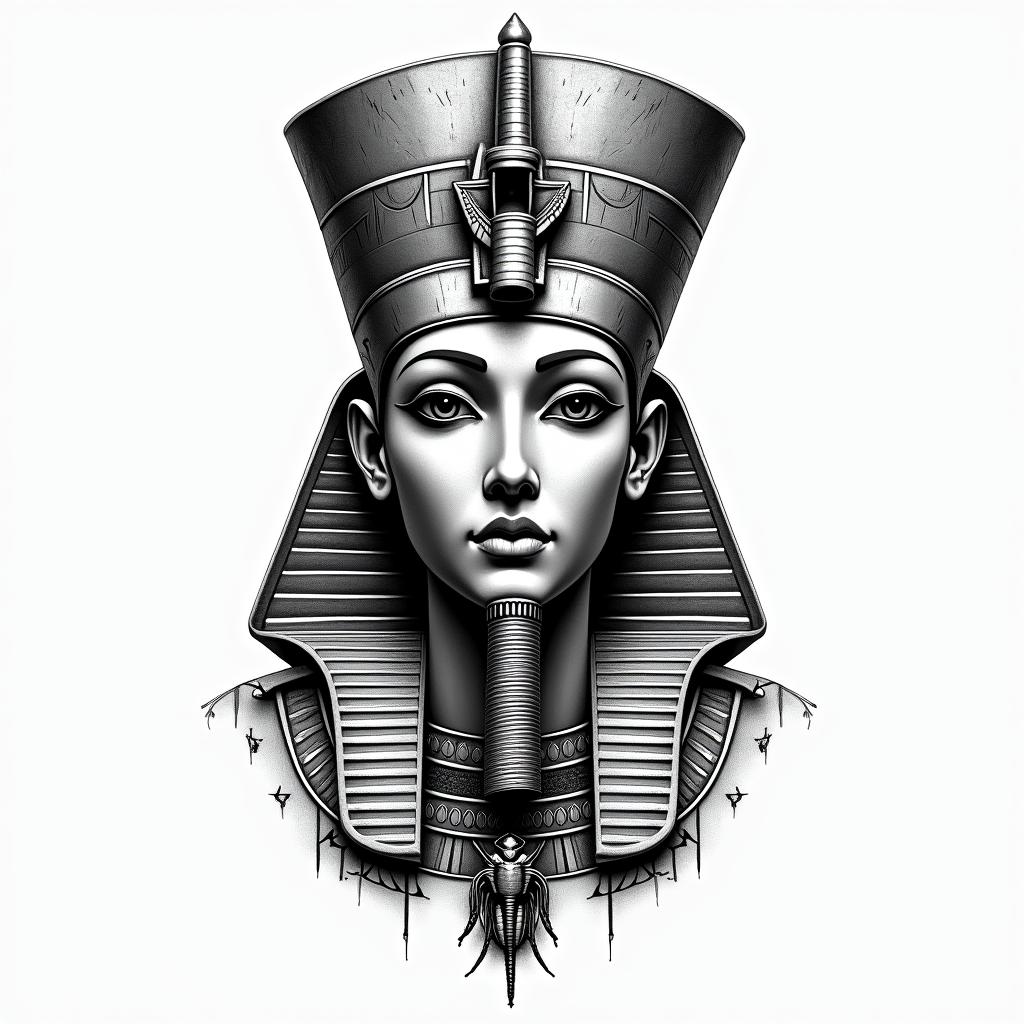 Invinciblein egyptian style tattoo, bold elements of ancient egyptian culture including a portrait of an Egyptian pharaoh with detailed facial features, in hieroglyphs and symbolic imagery, eye of horus, ankh symbol, scarab beetle