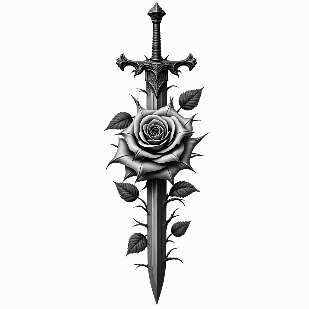 Sword with a rose full of thornsin realism tattoo style, featuring a highly detailed, lifelike, capturing every detail, photorealistic, ultra realistic, intricate shading, smooth and sharp, - Variation 3