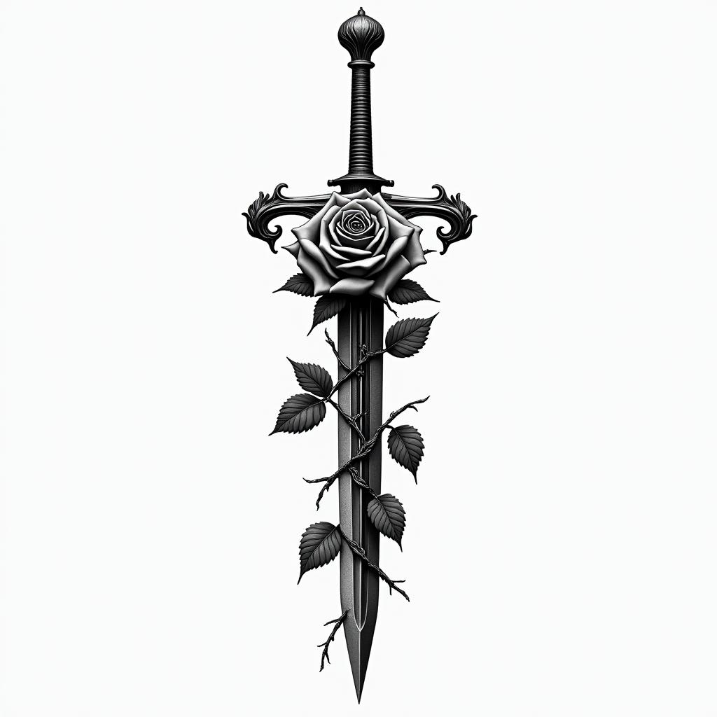 Sword with a rose full of thornsin realism tattoo style, featuring a highly detailed, lifelike, capturing every detail, photorealistic, ultra realistic, intricate shading, smooth and sharp,