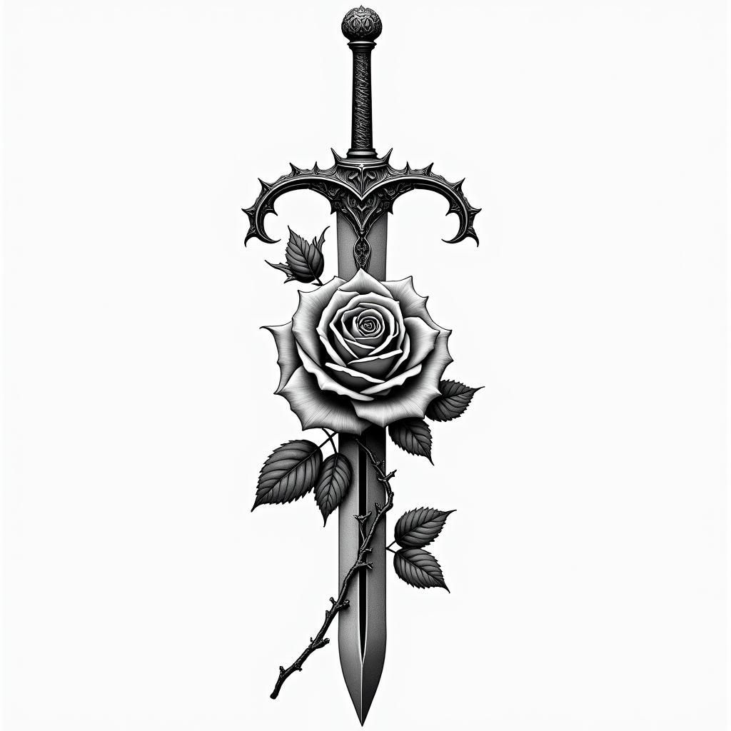 Sword with a rose full of thornsin realism tattoo style, featuring a highly detailed, lifelike, capturing every detail, photorealistic, ultra realistic, intricate shading, smooth and sharp, - Variation 4
