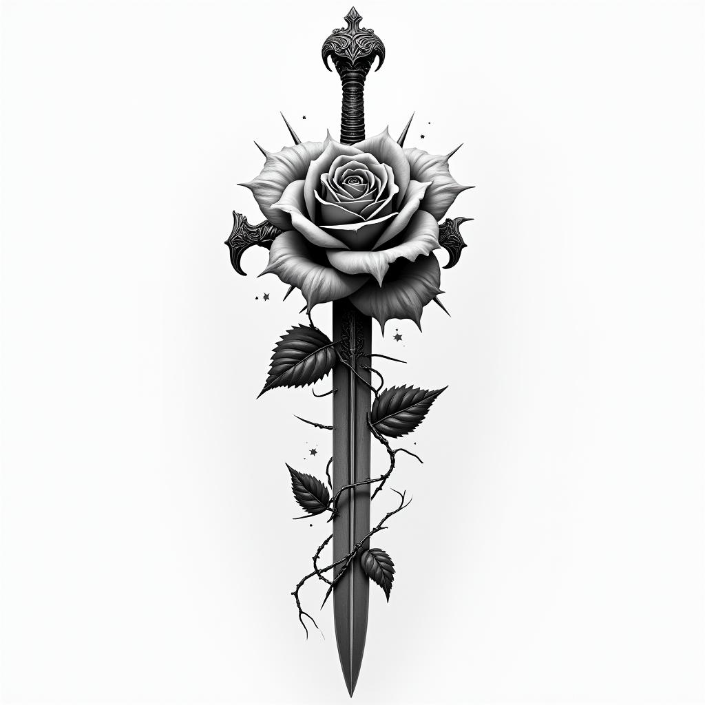 Sword with a rose full of thornsin realism tattoo style, featuring a highly detailed, lifelike, capturing every detail, photorealistic, ultra realistic, intricate shading, smooth and sharp, - Variation 2