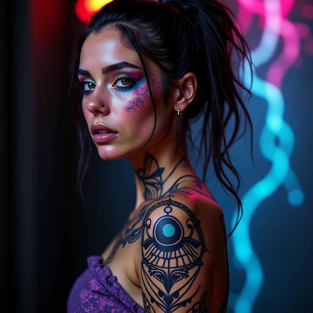 Futuristic cyberpunk girl with neon accentsin spiritual symbols tattoo style, featuring an intricate design incorporating elements, Hamsa hand, third eye, minimalist composition - Variation 4