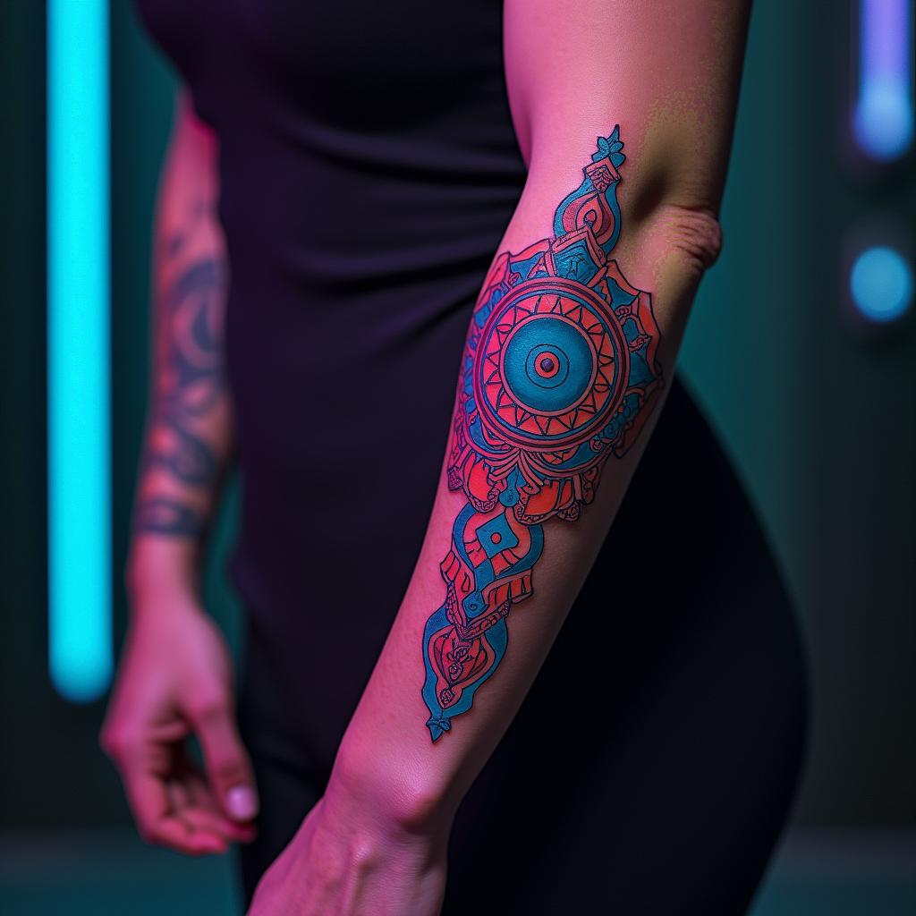 Futuristic cyberpunk girl with neon accentsin spiritual symbols tattoo style, featuring an intricate design incorporating elements, Hamsa hand, third eye, minimalist composition