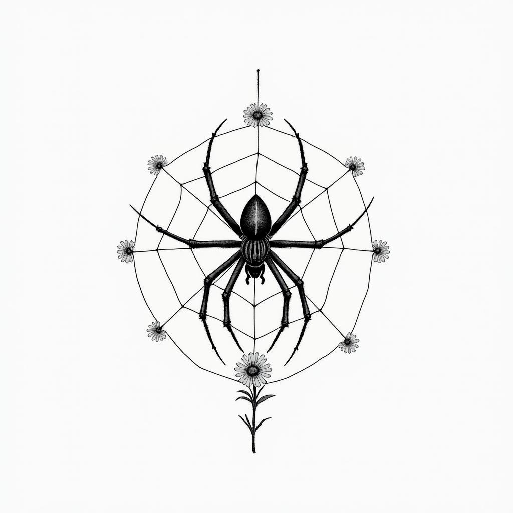 Small spider on web with flowers with stemin minimalist style tattoo, featuring simple shapes and fine lines, with minimal shading and details, tiny triangles, creating a sense of balance and harmony - Variation 12