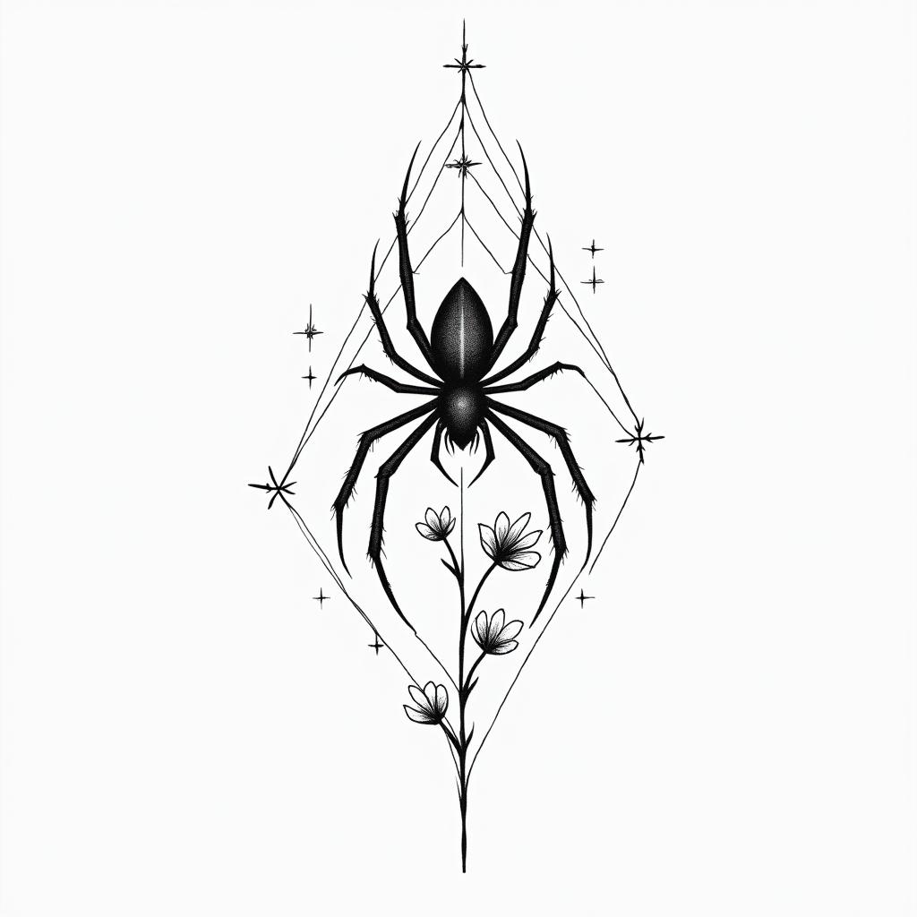 Small spider on web with flowers with stemin minimalist style tattoo, featuring simple shapes and fine lines, with minimal shading and details, tiny triangles, creating a sense of balance and harmony - Variation 9