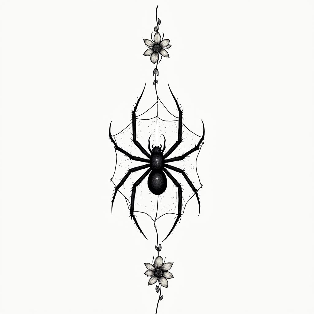 Small spider on web with flowers with stemin minimalist style tattoo, featuring simple shapes and fine lines, with minimal shading and details, tiny triangles, creating a sense of balance and harmony - Variation 11