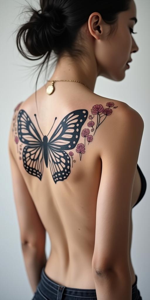 Wildflowers as wings on your back in the shape of butterfly wings on your shoulder bladein minimalist style tattoo, featuring simple shapes and fine lines, with minimal shading and details, tiny triangles, creating a sense of balance and harmony - Variation 3
