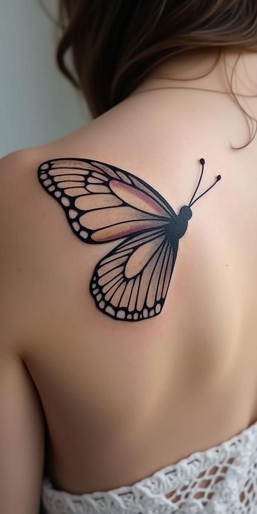 Wildflowers as wings on your back in the shape of butterfly wings on your shoulder bladein minimalist style tattoo, featuring simple shapes and fine lines, with minimal shading and details, tiny triangles, creating a sense of balance and harmony