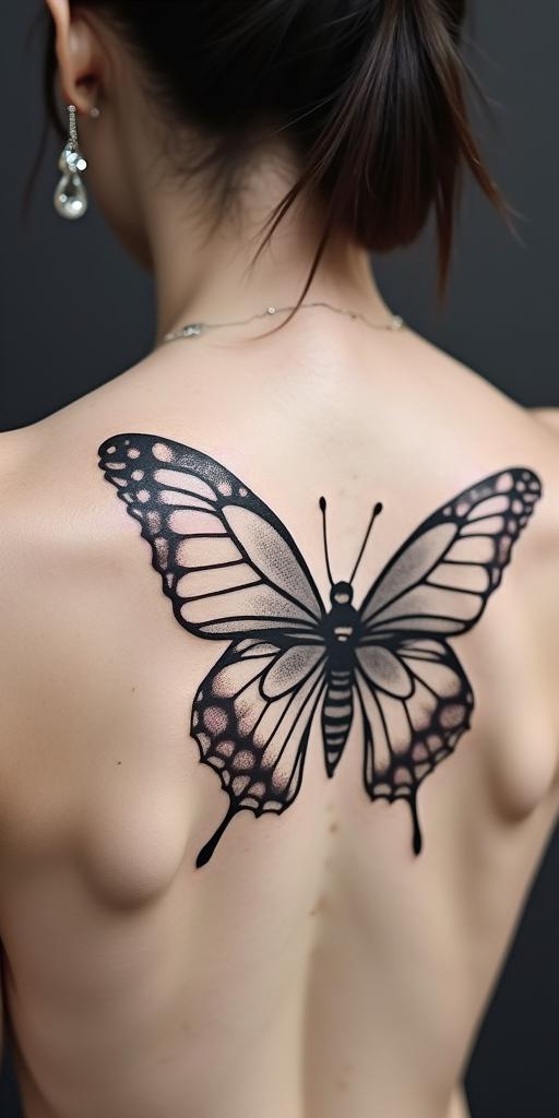 Wildflowers as wings on your back in the shape of butterfly wings on your shoulder bladein minimalist style tattoo, featuring simple shapes and fine lines, with minimal shading and details, tiny triangles, creating a sense of balance and harmony - Variation 2