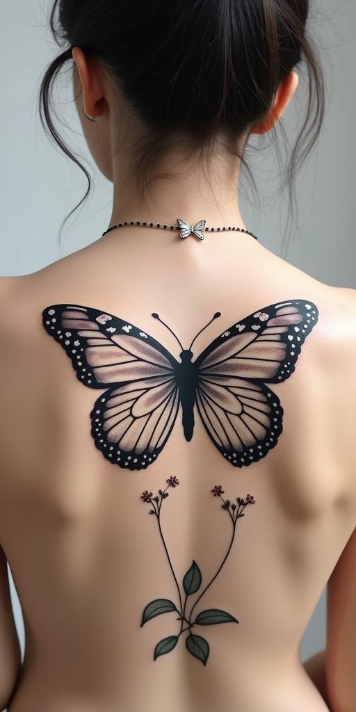 Wildflowers as wings on your back in the shape of butterfly wings on your shoulder bladein minimalist style tattoo, featuring simple shapes and fine lines, with minimal shading and details, tiny triangles, creating a sense of balance and harmony - Variation 4
