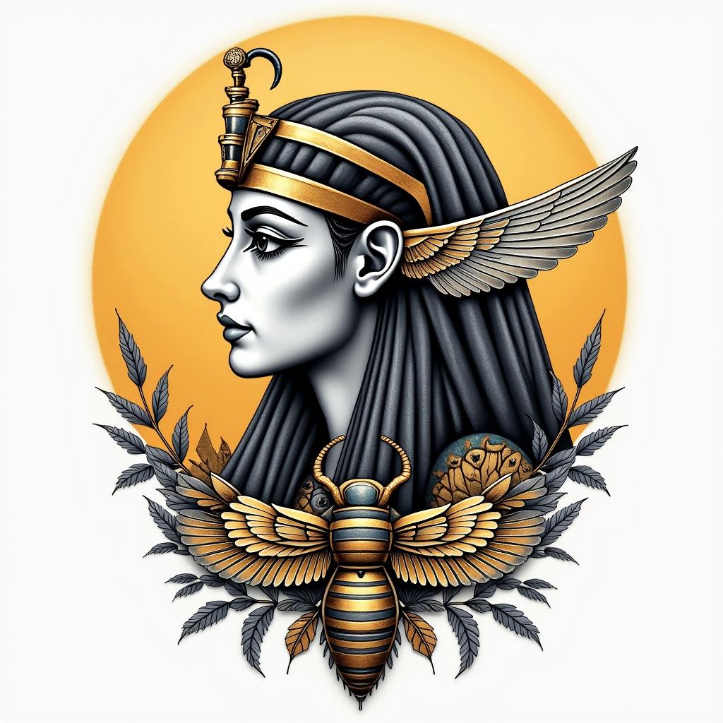 Name SARA with honeybee backgroundin egyptian style tattoo, bold elements of ancient egyptian culture including a portrait of an Egyptian pharaoh with detailed facial features, in hieroglyphs and symbolic imagery, eye of horus, ankh symbol, scarab beetle - Variation 3