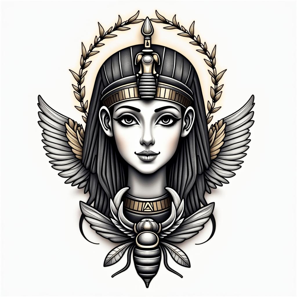 Name SARA with honeybee backgroundin egyptian style tattoo, bold elements of ancient egyptian culture including a portrait of an Egyptian pharaoh with detailed facial features, in hieroglyphs and symbolic imagery, eye of horus, ankh symbol, scarab beetle - Variation 2