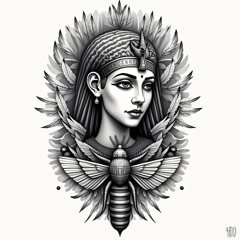 Name SARA with honeybee backgroundin egyptian style tattoo, bold elements of ancient egyptian culture including a portrait of an Egyptian pharaoh with detailed facial features, in hieroglyphs and symbolic imagery, eye of horus, ankh symbol, scarab beetle