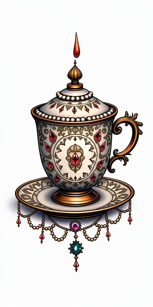Teacup from the Victorian Renaissance era, heavily draped and adorned in pearls and chains with inlays of jewels and precious gemstones.in pop art style tattoo, featuring bold and vibrant colors, exaggerated outlines, iconic imagery, inspired by comic books and speech bubbles, comic book characters, retro pop culture - Variation 12
