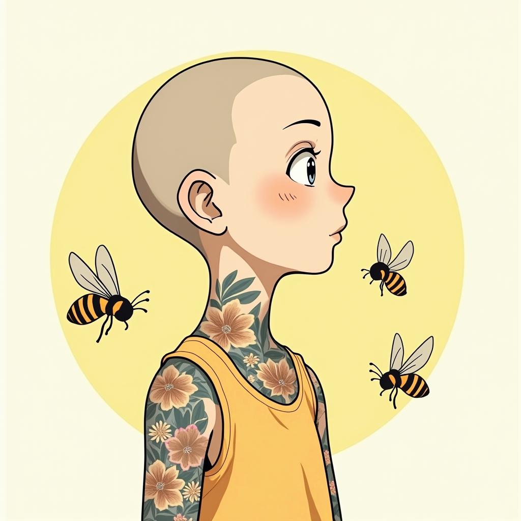 Name SARA with honeybee backgroundGhibli, Studio Ghibli aesthetic, hand-drawn anime style, retro nostalgic atmosphere, retro soft pastel color palette with earthy tones, retro Japanese cinematic shot, yellow tint effect, bald character, smooth surface, anime shadow 90's anime style
